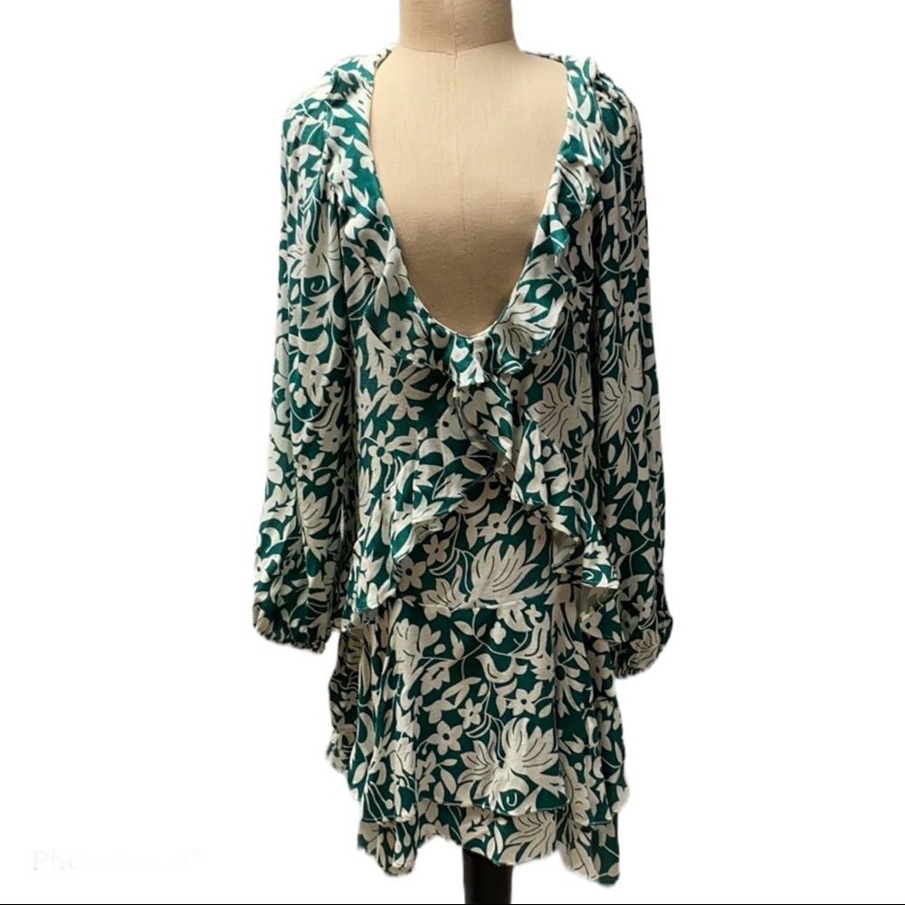 Free People Dress with Ruffles Green and White Floral Print Size Small